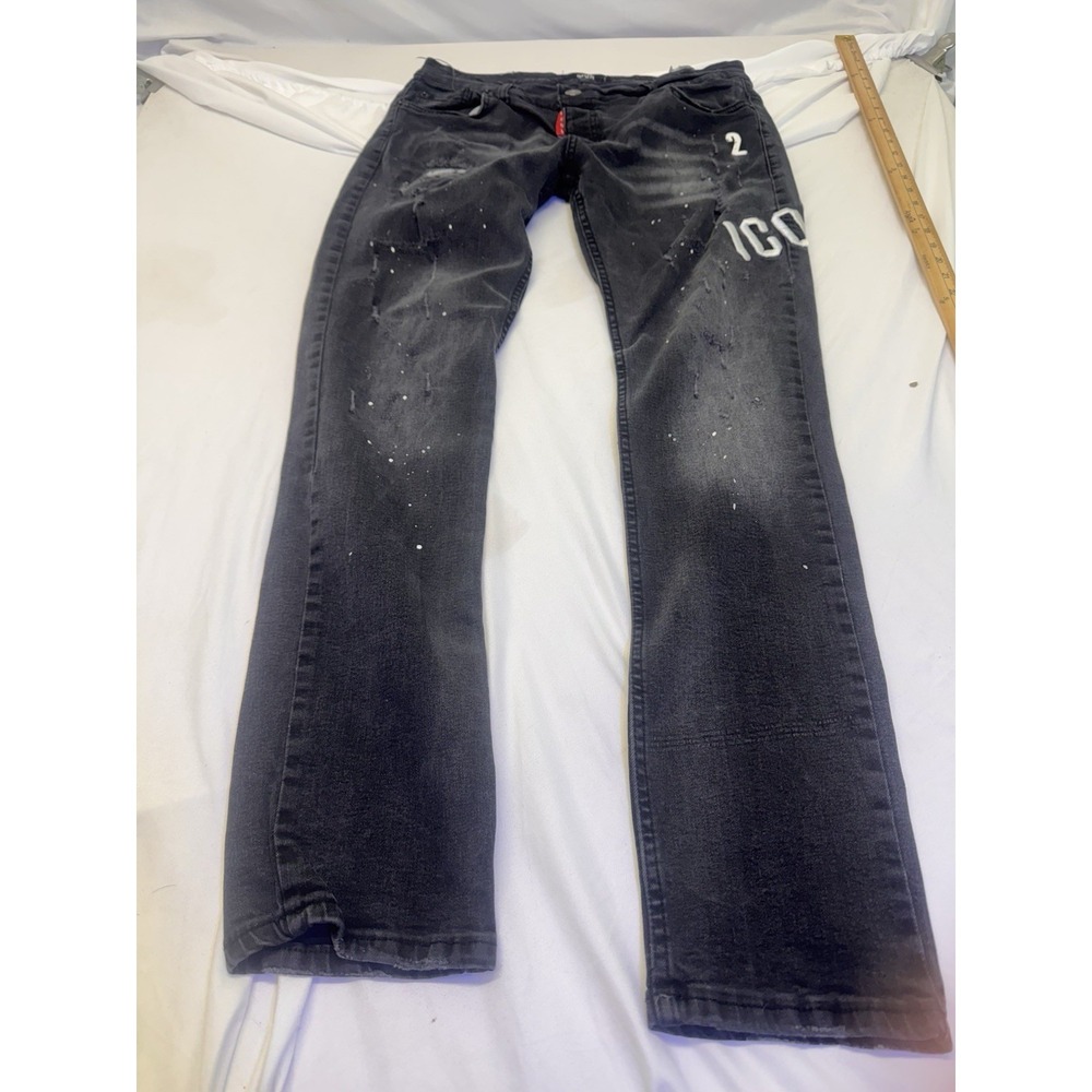 Icon Xway Jeans Black Jean Splatter‎ Embroidered Logo Stone Wash Straight Grunge